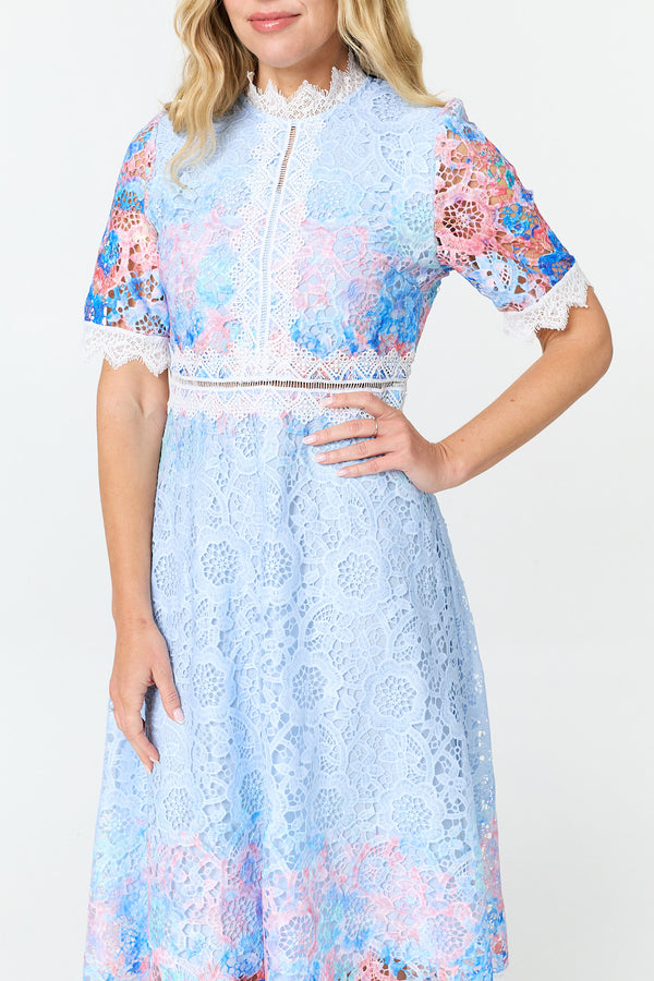 Blue | Floral Lace Trim 1/2 Sleeve Midi Dress