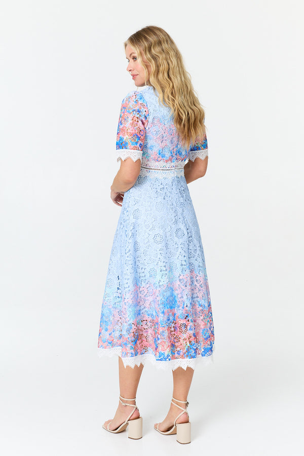 Blue | Floral Lace Trim 1/2 Sleeve Midi Dress