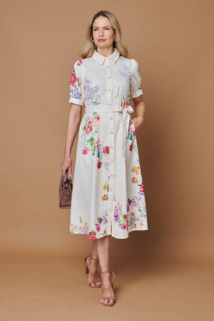 Beige | Floral 1/2 Sleeve Tie Waist Midi Dress