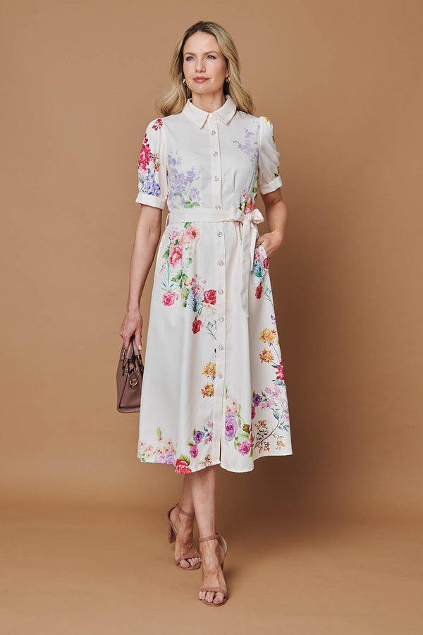Beige | Floral 1/2 Sleeve Tie Waist Midi Dress