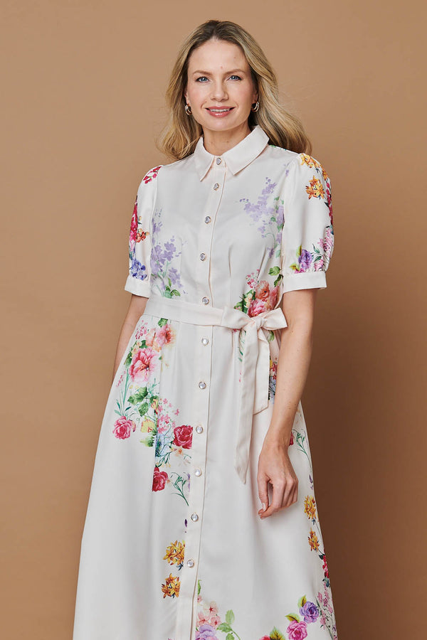 Beige | Floral 1/2 Sleeve Tie Waist Midi Dress