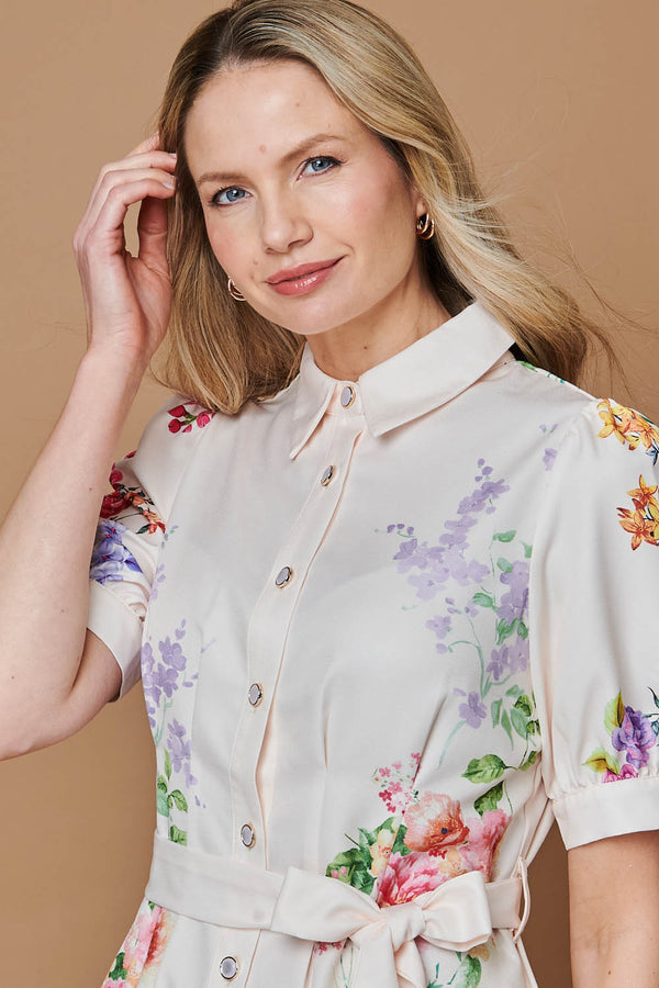 Beige | Floral 1/2 Sleeve Tie Waist Midi Dress