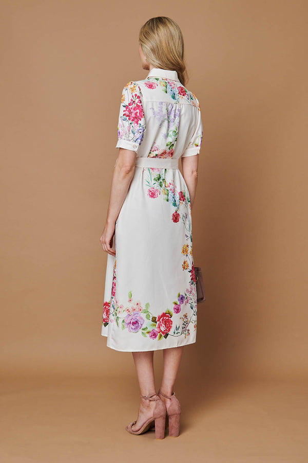 Beige | Floral 1/2 Sleeve Tie Waist Midi Dress