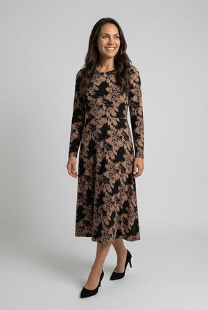 Black | Floral Long Sleeve A-Line Midi Dress