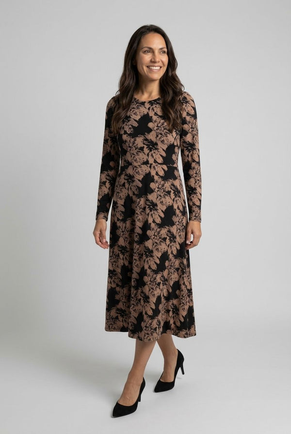 Black | Floral Long Sleeve A-Line Midi Dress
