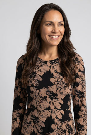 Black | Floral Long Sleeve A-Line Midi Dress