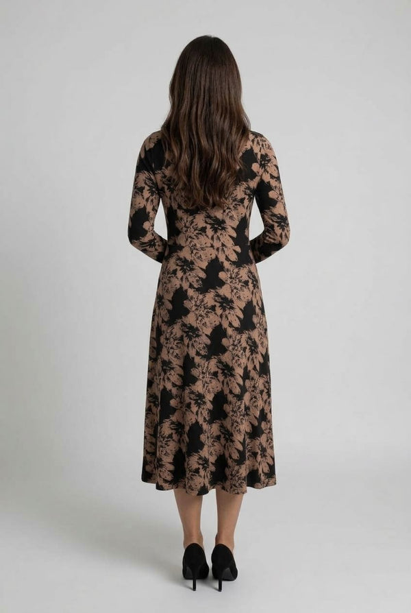 Black | Floral Long Sleeve A-Line Midi Dress