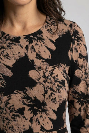 Black | Floral Long Sleeve A-Line Midi Dress
