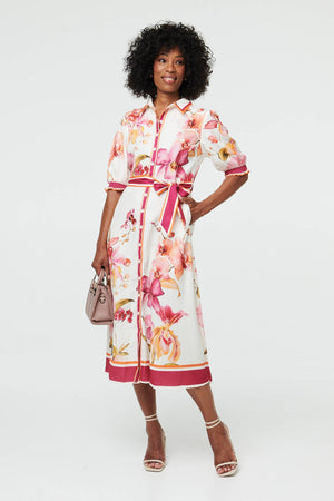 Cream | Floral Tie Waist A-Line Midi Shirt Dress