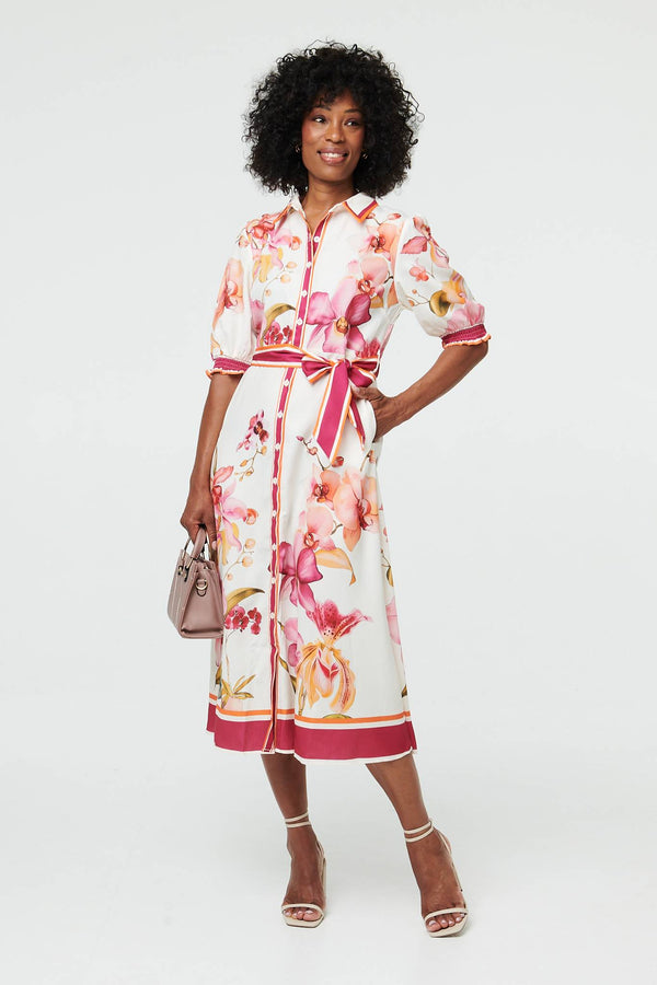 Cream | Floral Tie Waist A-Line Midi Shirt Dress