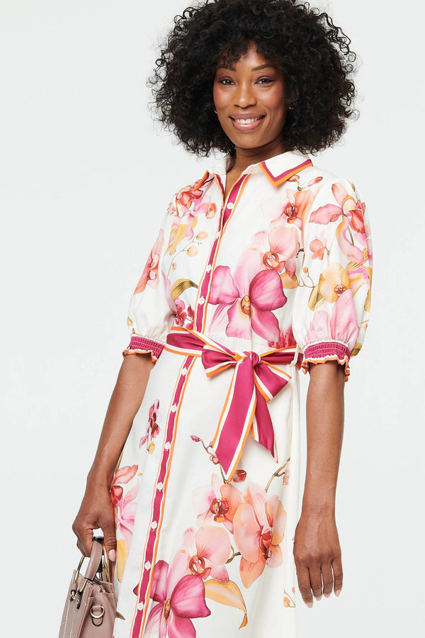 Cream | Floral Tie Waist A-Line Midi Shirt Dress