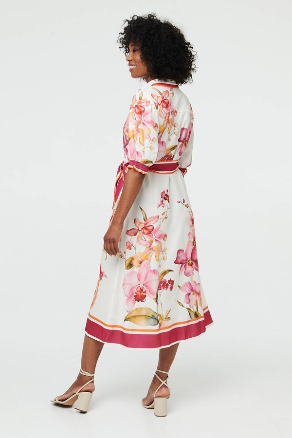 Cream | Floral Tie Waist A-Line Midi Shirt Dress