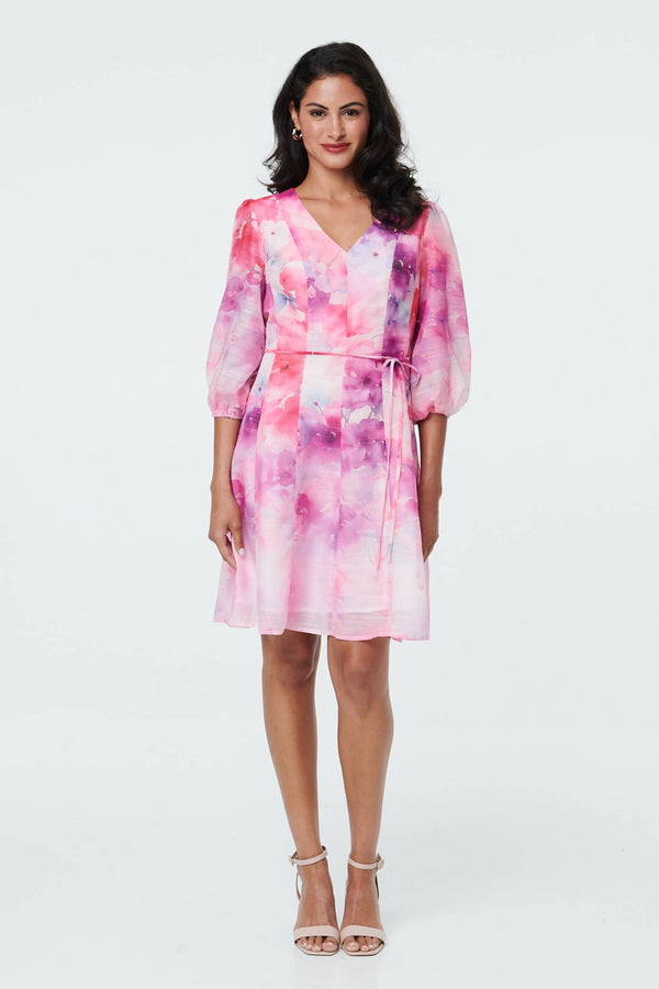 Pink | Floral Layer 3/4 Puff Sleeve Short Dress