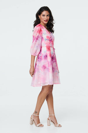 Pink | Floral Layer 3/4 Puff Sleeve Short Dress