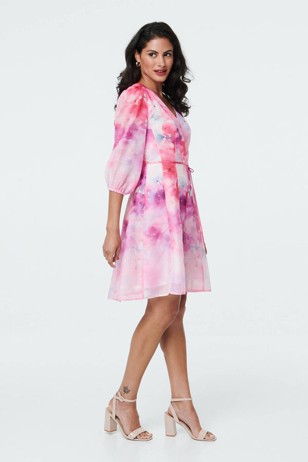Pink | Floral Layer 3/4 Puff Sleeve Short Dress
