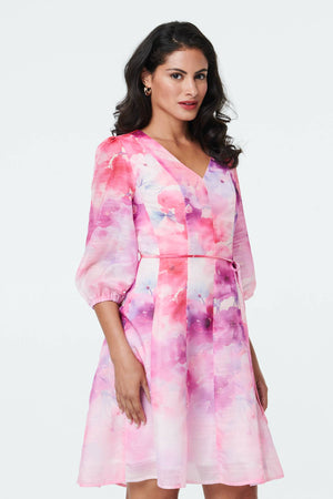 Pink | Floral Layer 3/4 Puff Sleeve Short Dress