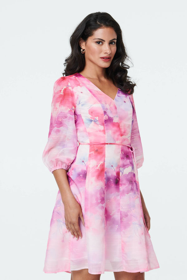 Pink | Floral Layer 3/4 Puff Sleeve Short Dress