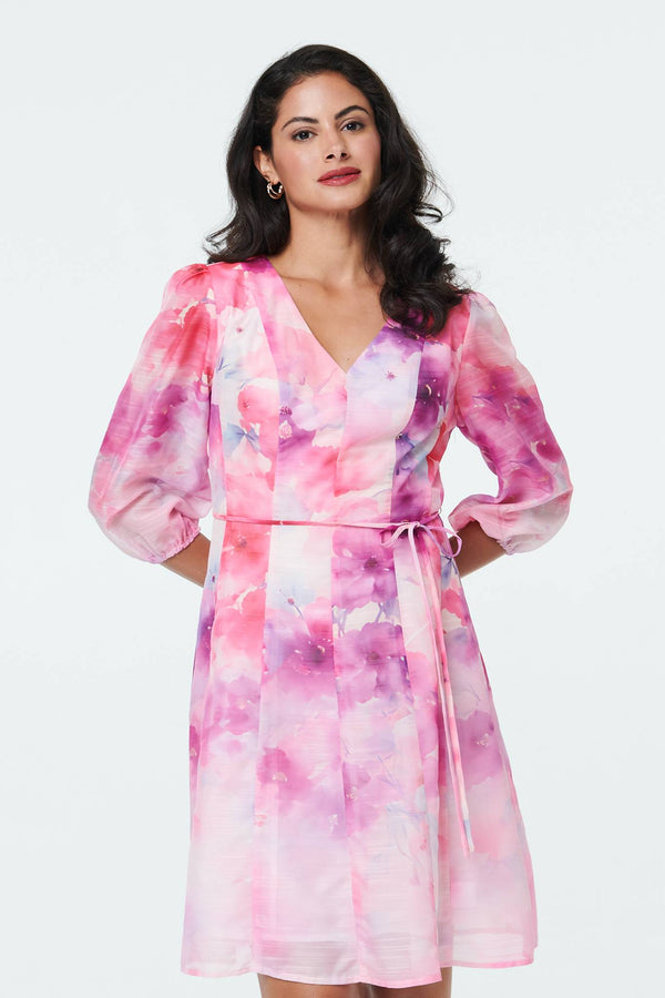 Pink | Floral Layer 3/4 Puff Sleeve Short Dress