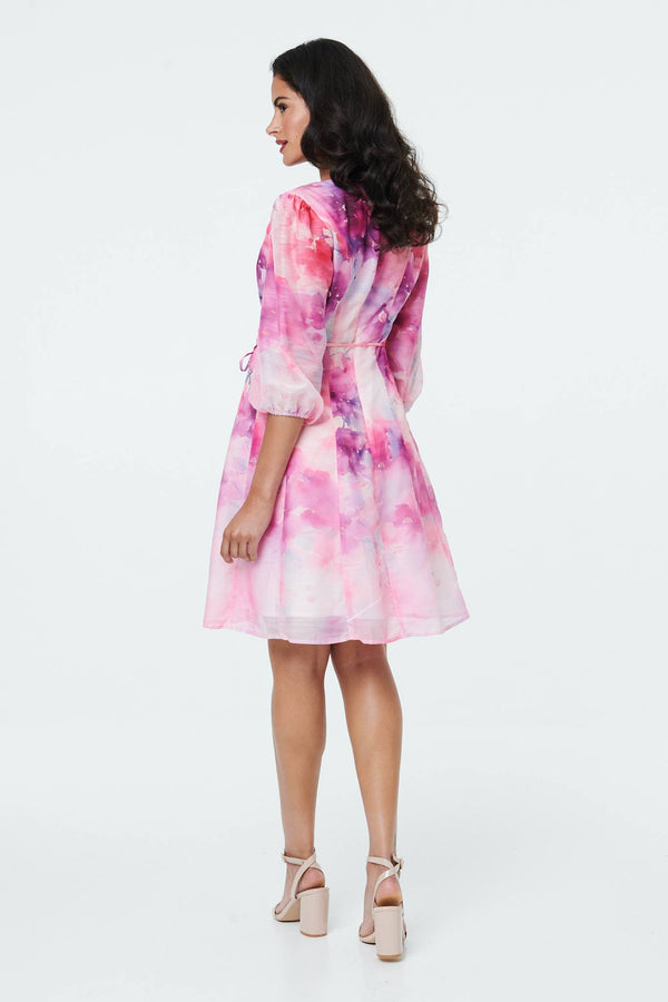 Pink | Floral Layer 3/4 Puff Sleeve Short Dress
