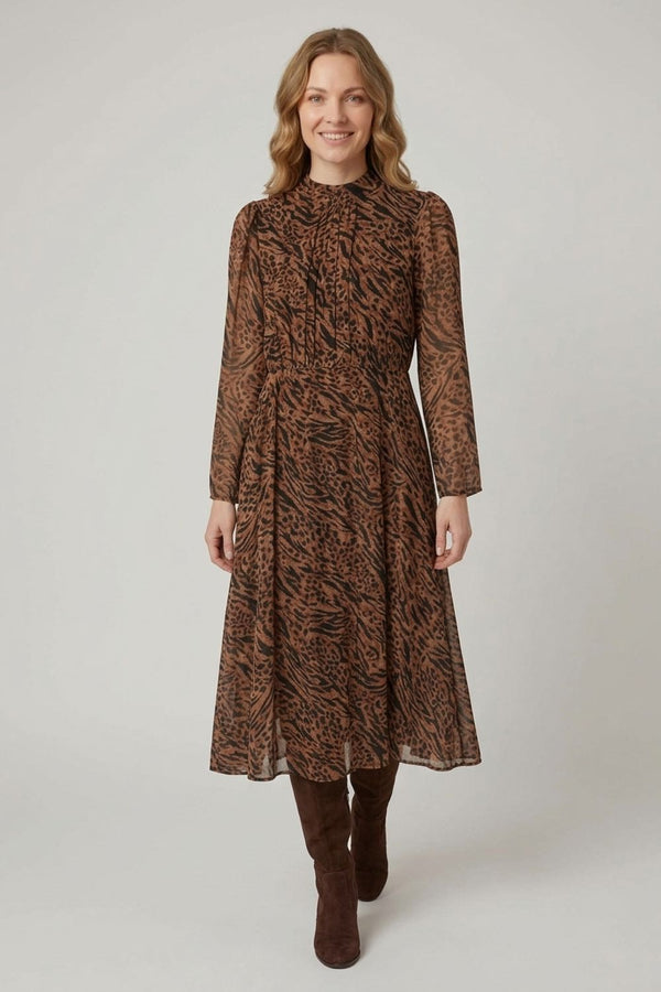 Brown | Animal Print High Neck Midi A-Line Dress
