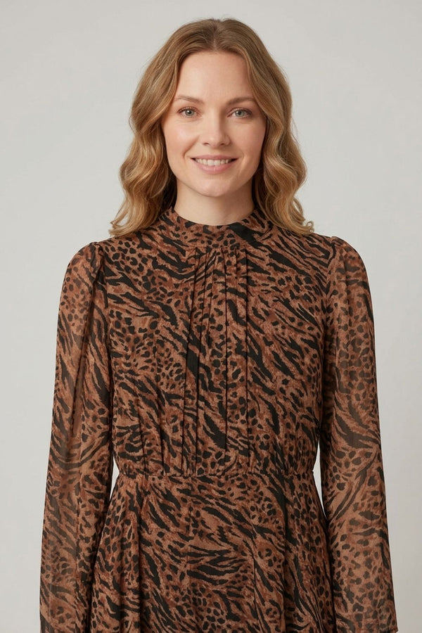 Brown | Animal Print High Neck Midi A-Line Dress