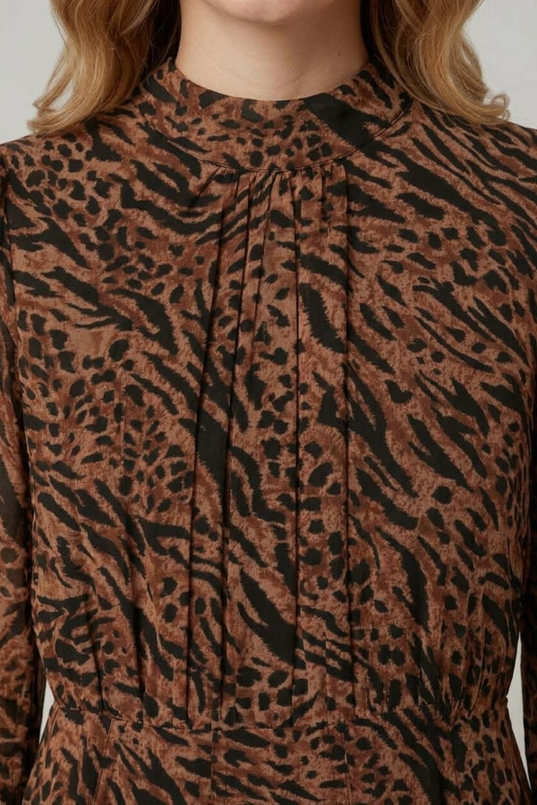 Brown | Animal Print High Neck Midi A-Line Dress