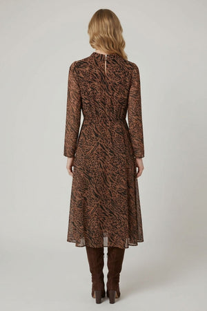 Brown | Animal Print High Neck Midi A-Line Dress