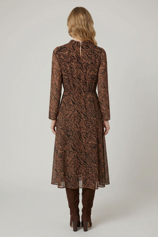 Brown | Animal Print High Neck Midi A-Line Dress