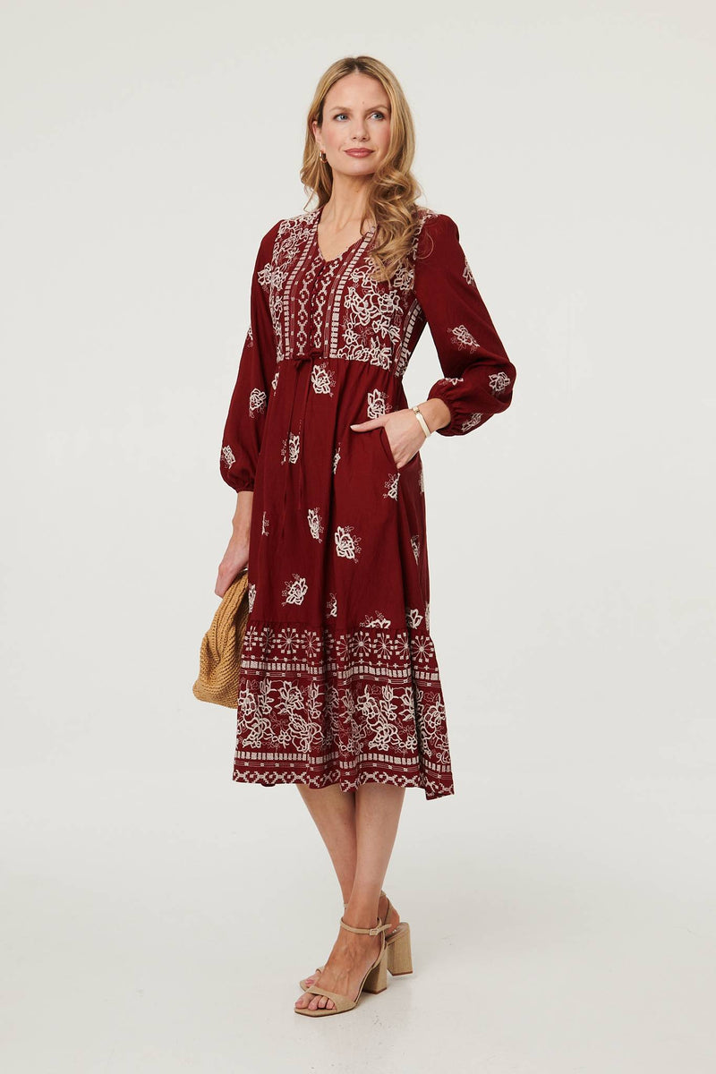 Embroidered Long Sleeve Midi Dress | Izabel London