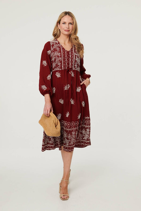 Red | Embroidered Long Sleeve Midi Dress