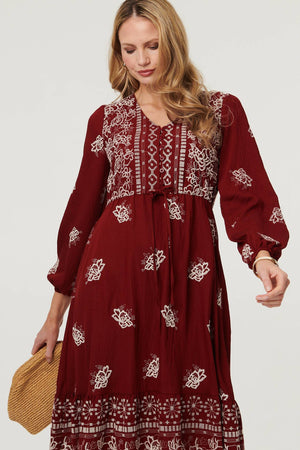 Red | Embroidered Long Sleeve Midi Dress