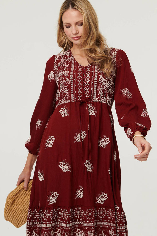 Red | Embroidered Long Sleeve Midi Dress