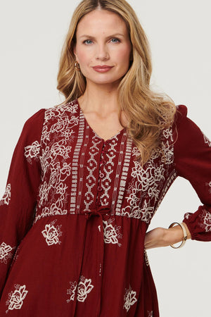Red | Embroidered Long Sleeve Midi Dress