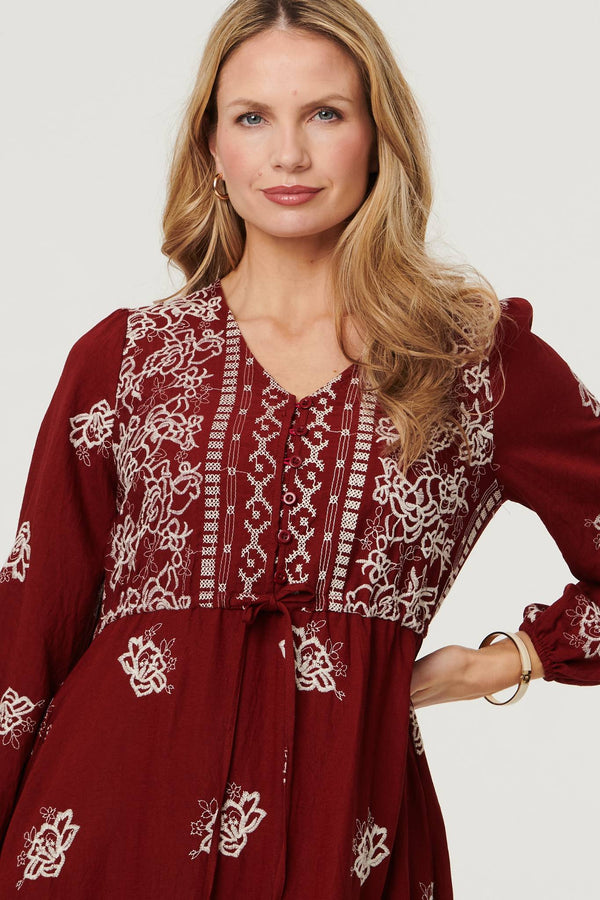 Red | Embroidered Long Sleeve Midi Dress