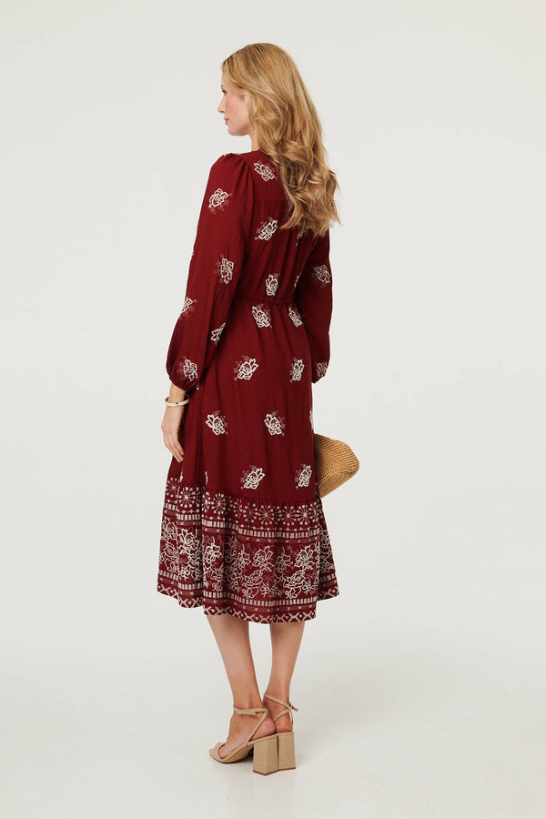 Red | Embroidered Long Sleeve Midi Dress