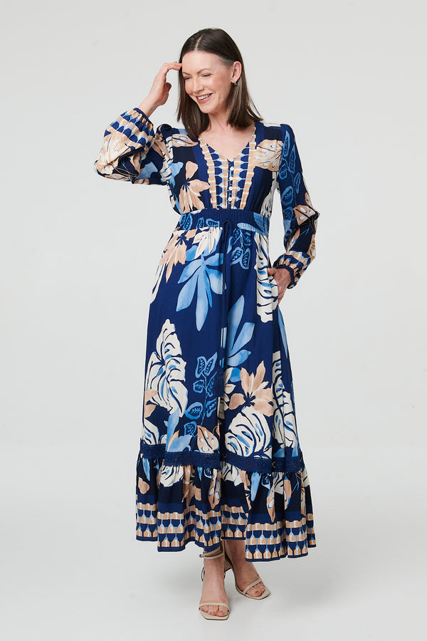 Blue | Printed Long Sleeve A-Line Maxi Dress