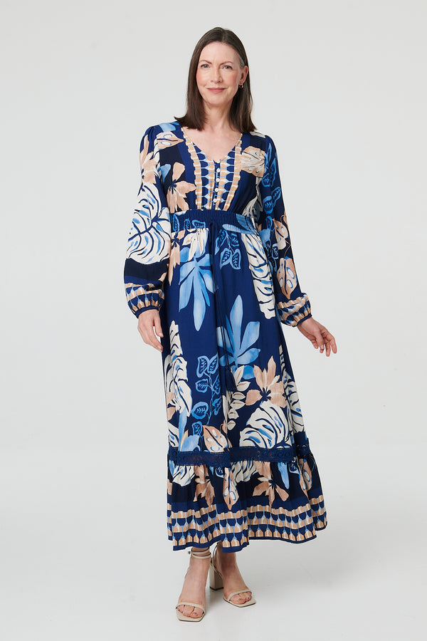Blue | Printed Long Sleeve A-Line Maxi Dress