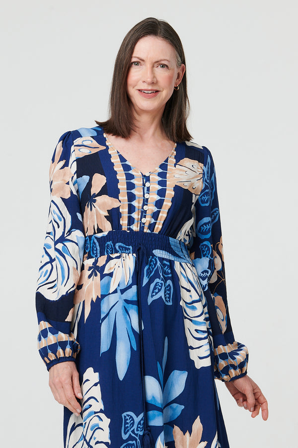Blue | Printed Long Sleeve A-Line Maxi Dress