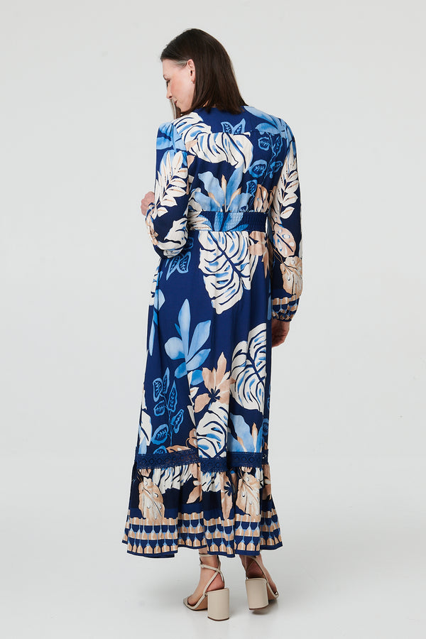 Blue | Printed Long Sleeve A-Line Maxi Dress