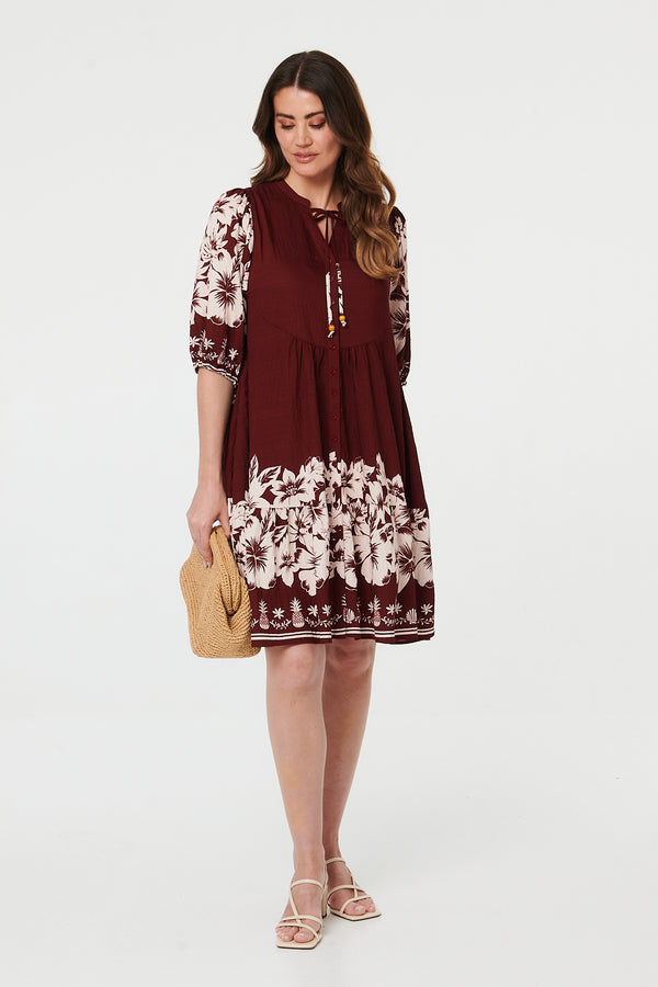 Burgundy | Floral Knee Length 3/4 Sleeve Dress