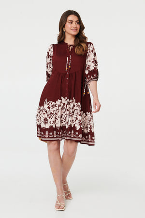 Burgundy | Floral Knee Length 3/4 Sleeve Dress