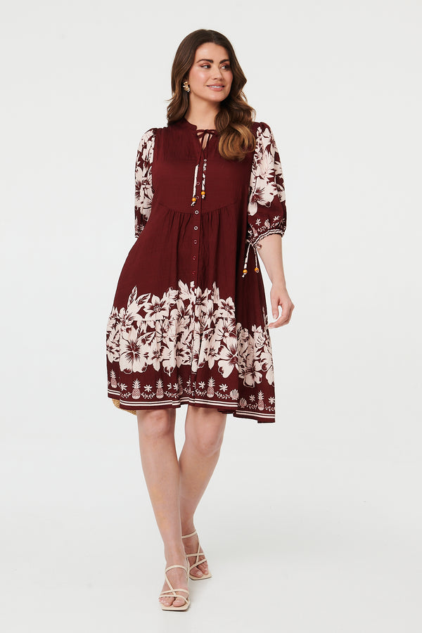 Burgundy | Floral Knee Length 3/4 Sleeve Dress