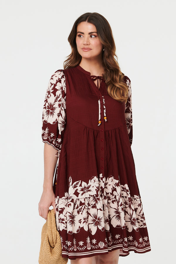 Burgundy | Floral Knee Length 3/4 Sleeve Dress