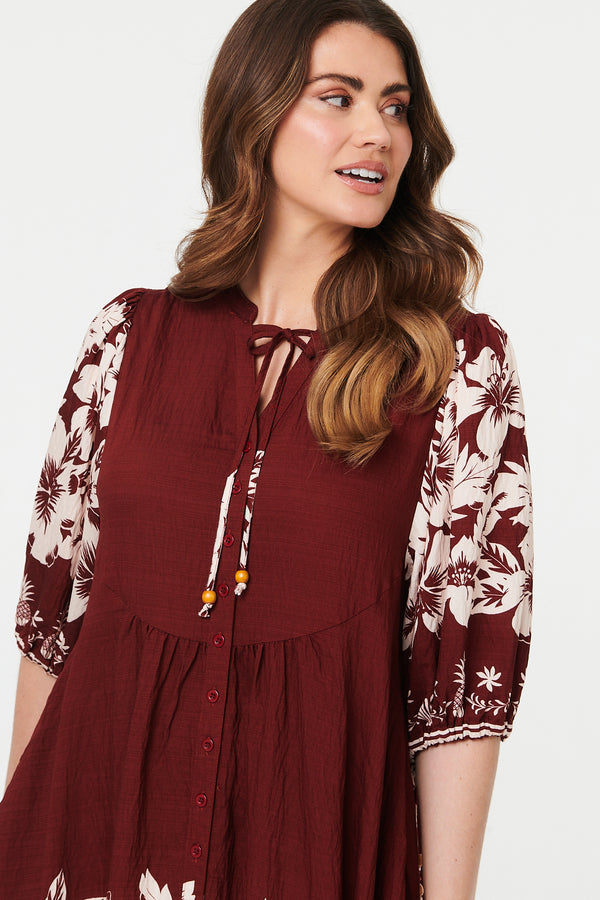 Burgundy | Floral Knee Length 3/4 Sleeve Dress