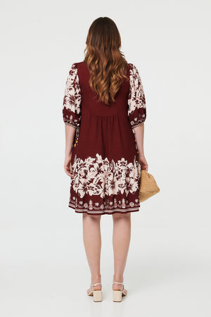 Burgundy | Floral Knee Length 3/4 Sleeve Dress