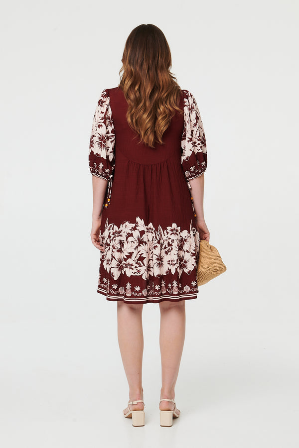 Burgundy | Floral Knee Length 3/4 Sleeve Dress