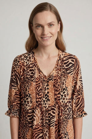 Brown | Animal Print 3/4 Sleeve Midi Smock Dress