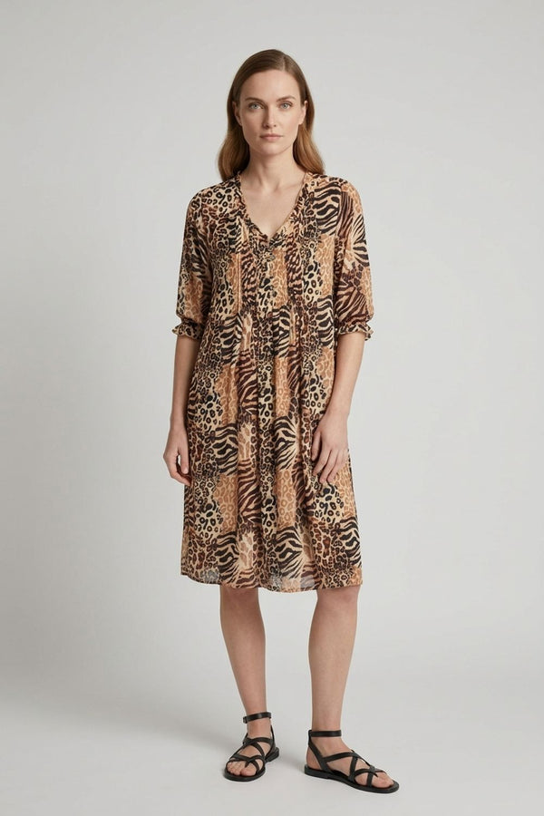 Brown | Animal Print 3/4 Sleeve Midi Smock Dress
