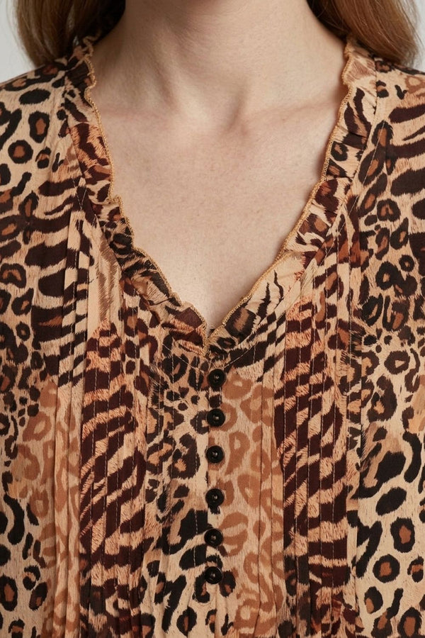 Brown | Animal Print 3/4 Sleeve Midi Smock Dress
