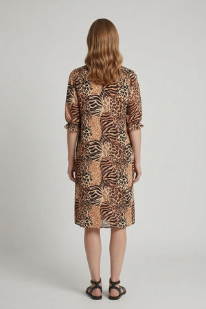 Brown | Animal Print 3/4 Sleeve Midi Smock Dress
